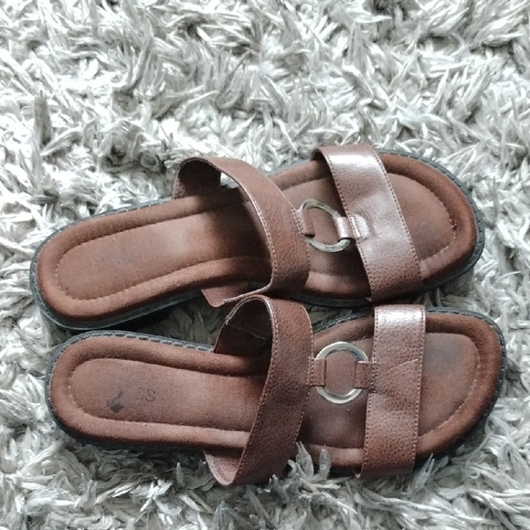 Brown Faux Leather Slide Sandals - Picture 4 of 10